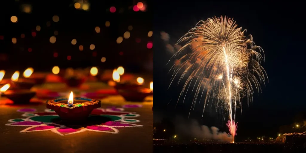 diya and fire crackers image on Dewali essay in English