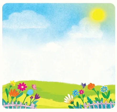 A scenery with hills, flowers, fences, blue sky and sun