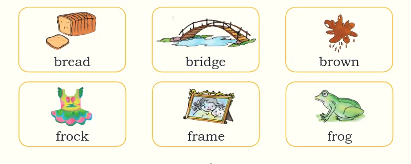 frame sentences using the words: bread, bridge, brown, frock, frame, frog